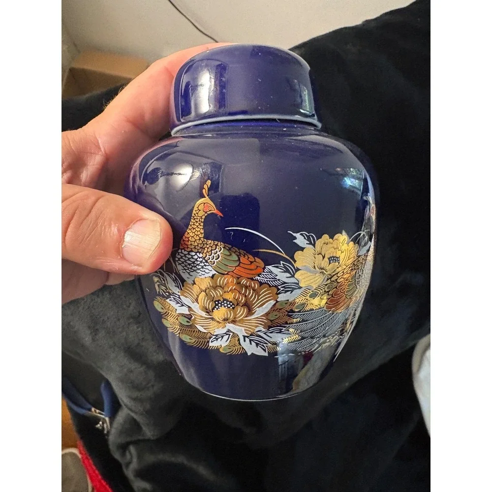 Price Products Cobalt Blue Porcelain Ginger Jar Peacock Floral Gold Accents Lid